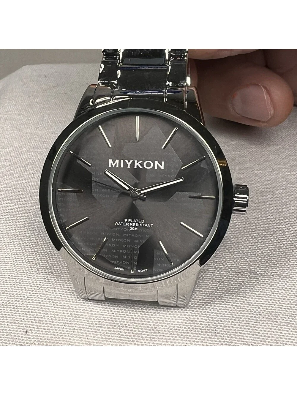 Miykon Men's Silver Stainless Steel Quartz Watch - Black Dial 46mm